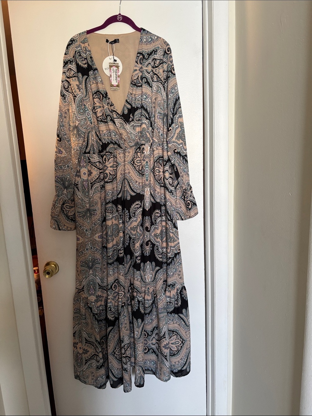 Boohoo Black, Beige & Sage Paisley Wrap Maxi Dress